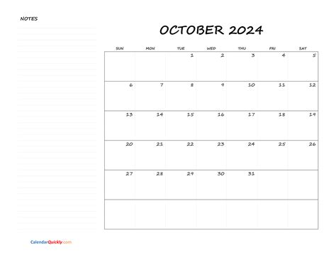 October Blank Calendar 2024 With Notes Calendar Quickly