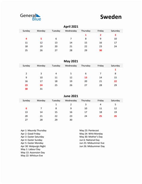 Q2 2021 Quarterly Calendar With Sweden Holidays