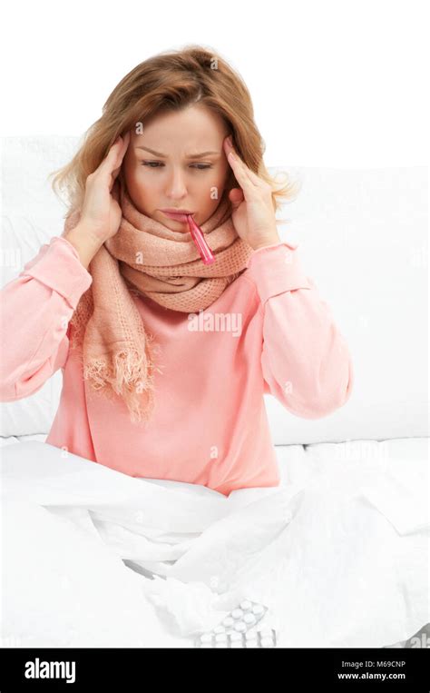 Woman Has Headache Flu Sore Throat And Fever Stock Photo Alamy