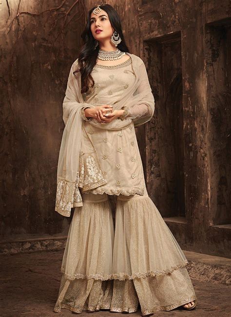 Light Beige Embroidered Net Gharara Suit Sharara Designs Gharara Designs Indian Fashion Dresses