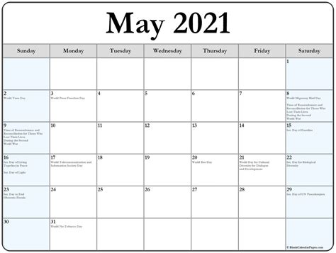 Collection Of May 2021 Calendars With Holidays Calendar Template 2021