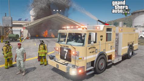 Gta 5 Firefighter Mod Us Air Force Firetruck Responding To Fires At