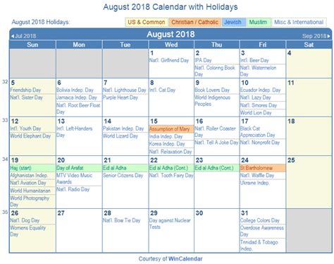 Print Friendly August 2018 Us Calendar For Printing