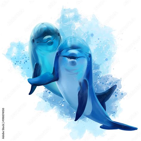 Two Blue Dolphins Watercolor Illustration Stock Illustration Adobe Stock