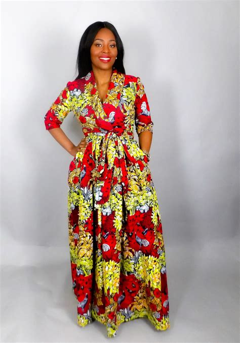 Red African Print Maxi Dress Handmade From Authentic Vlisco Wax Print