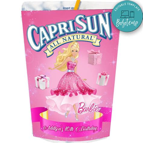 Barbie Capri Sun Birthday Labels Digital File Printable Createpartylabels