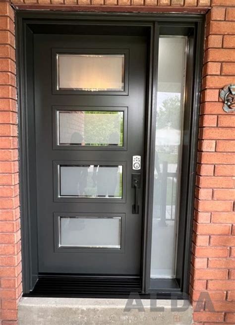 Grey Front Steel Door With Glass Inserts And Sidelight Steel Door