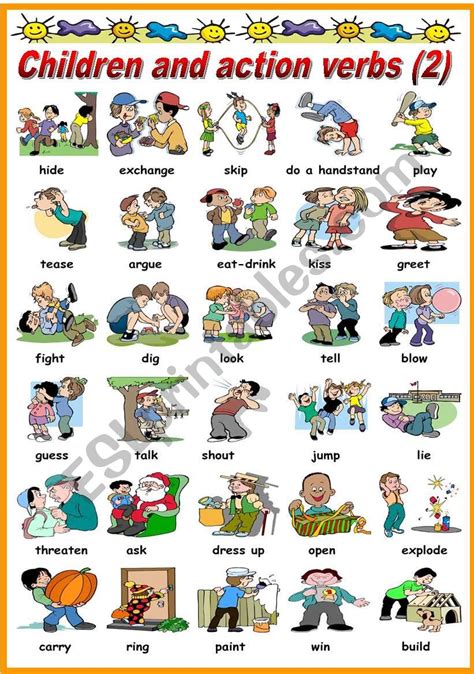 Children And Action Verbs Pictionary 2 2 Bandw Version Included Esl