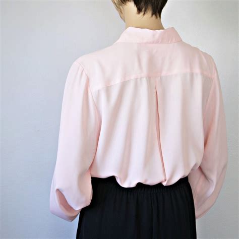 vintage blouse pink secretary 1970 long sleeve embroidered etsy