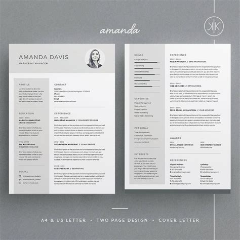 Amanda Resume CV Template Word Photoshop InDesign Etsy