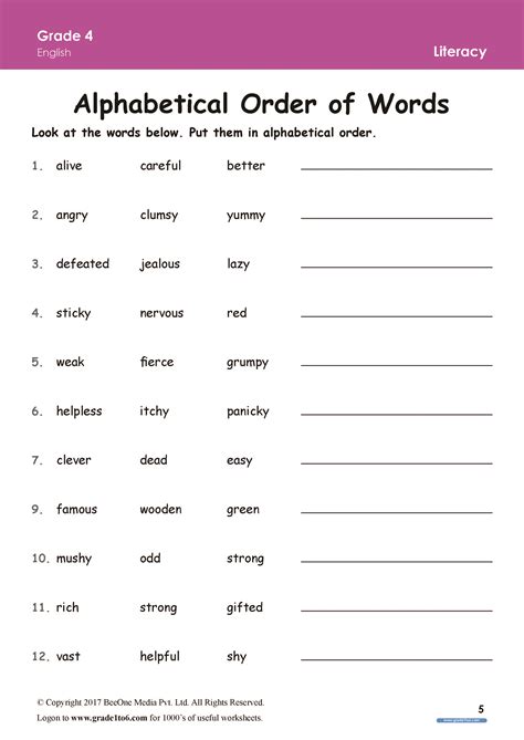 Words In Alphabetical Order Worksheets