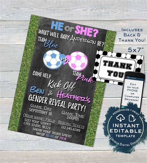 Soccer Gender Reveal Invitation Editable Baby Shower Invite Team He
