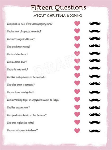 From who is the funniest to who is the best cook, the newlyweds will have to answer a variety of questions without seeing one another's answers. Bride & Groom Trivia Wedding Shower Game Bachelorette ...