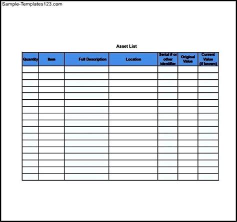 Asset List Template Sample Templates Sample Templates