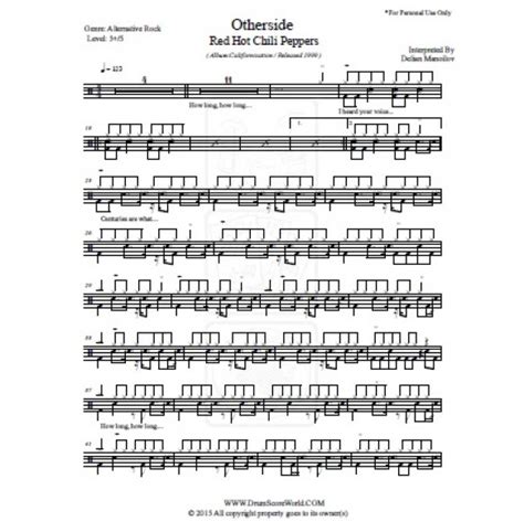Red Hot Chili Peppers Otherside Drum Score Drum Sheet 드럼악보