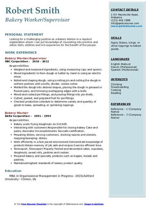 Sample Resume For Bakery Position