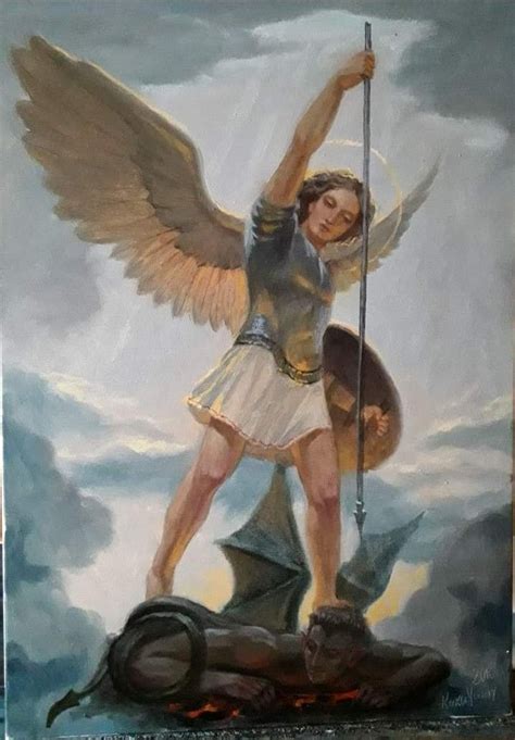 A Painting Of An Angel Holding A Spear