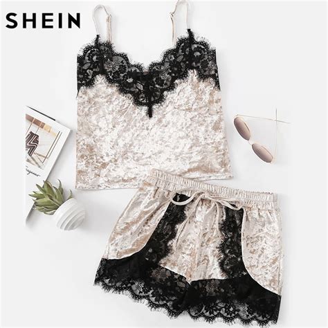 Buy Shein Womens Sleepwear Pajama Set Grey Spaghetti Strap Eyelash Lace Trim