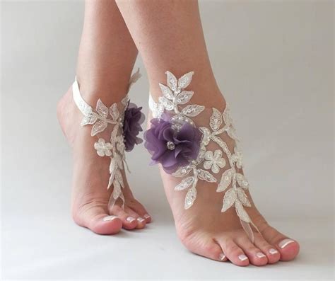Flexible connecting wrist a great accessory for the beach wedding. Ivory Purple Flowers Lace Barefoot Sandals Wedding ...