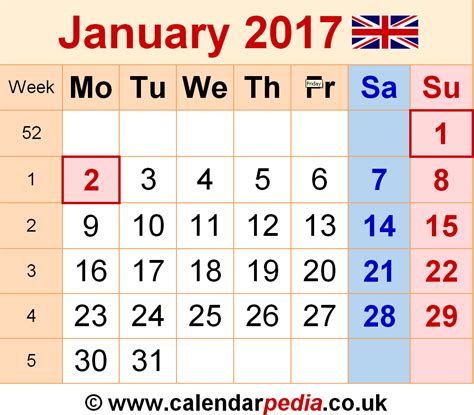 Calendar January 2017 Uk With Excel Word And Pdf Templates