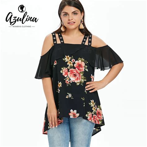Rosegal Plus Size Ruffle Floral Cold Shoulder High Low Blouses Casual