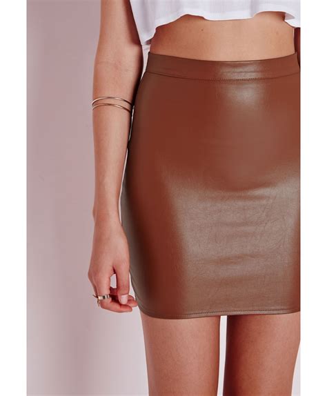 Lyst Missguided Faux Leather Mini Skirt Tan In Brown