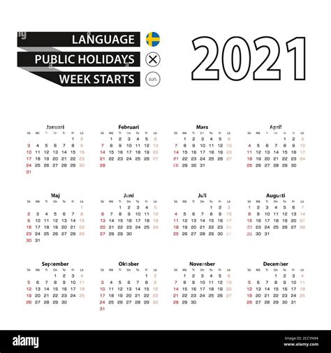 2021 Calendar In Swedish Language Week Starts From Sunday Vector