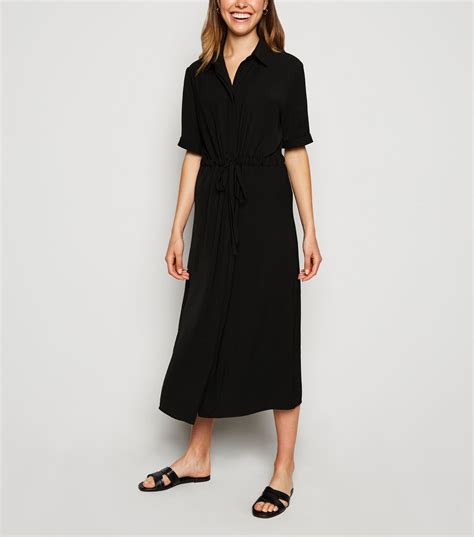 Black Drawstring Waist Midi Shirt Dress New Look Midi Shirt Dress