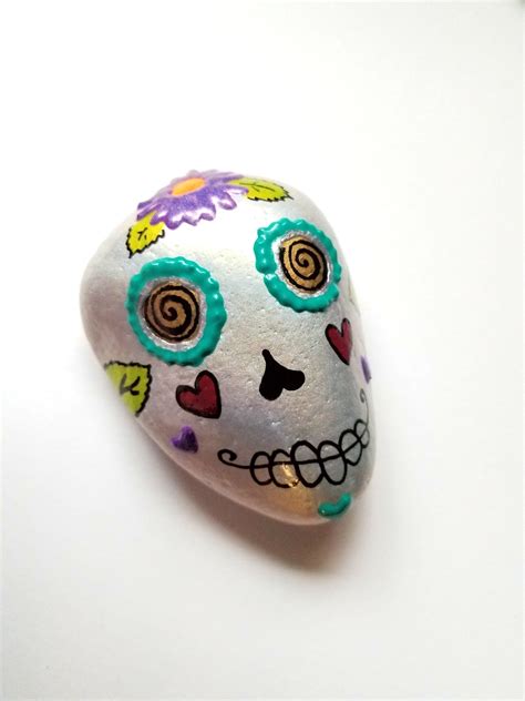 Hand Painted Rock Sugar Skull Halloween Day Of The Dead Painting By
