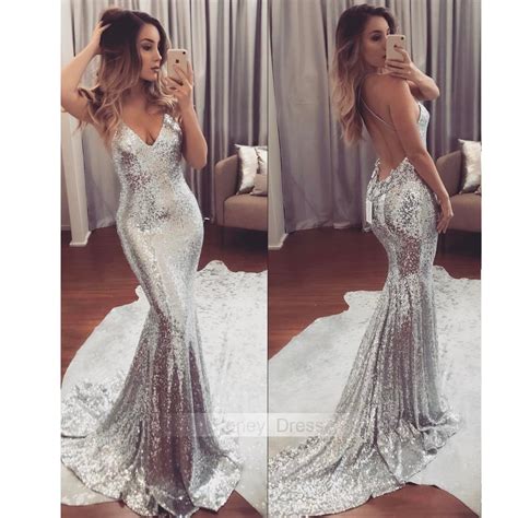 Honey Dress — Sexy Silver Sparkly Sequins V Neckline Prom Dresses With Long Train