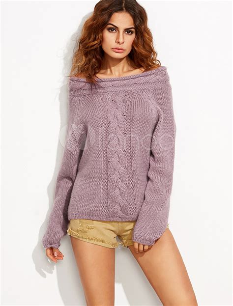 Purple Pullover Sweater Off The Shoulder Long Sleeve Womens Cable Knit