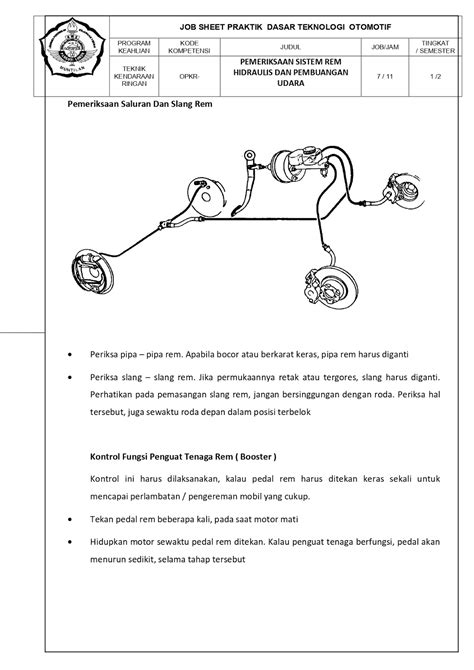 Pemeriksaan Sistem Rem Hidrolis Dan Pembuangan Udara Job Sheet Praktek