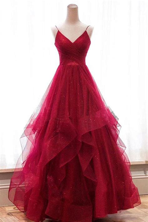 V Neck High Low Red Tulle Tiered Prom Dresses Evening Grad Gown Dress