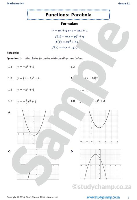 Grade 11 Mathematics Worksheet Functions Parabola