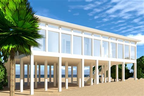 Being raised on piling helps protect beach homes from flooding. Plan 44073TD: Modern Piling Loft-Style Beach Home Plan | Modern beach house, Beach house plan ...