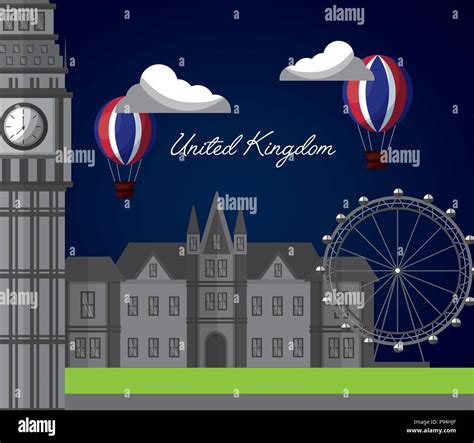 United Kingdom Country Flag Hot Air Balloon London Eye Big Ben Vector Illustration Stock Vector