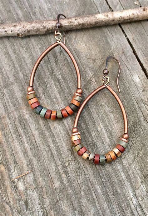 Stone Copper Hoop Earrings Boho Jewelry Colorful Stone Hoop Earrings Earthy Jewelry Metal