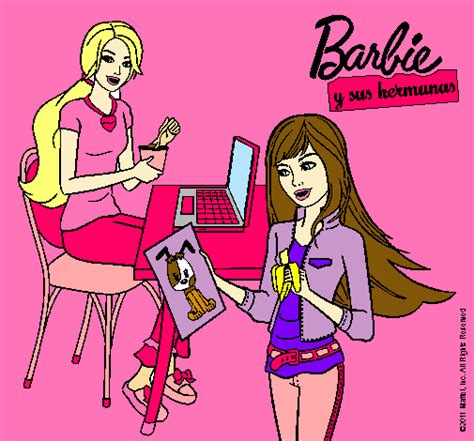 Dibujo de Barbie y su hermana merendando pintado por Beker en Dibujos net el día a las