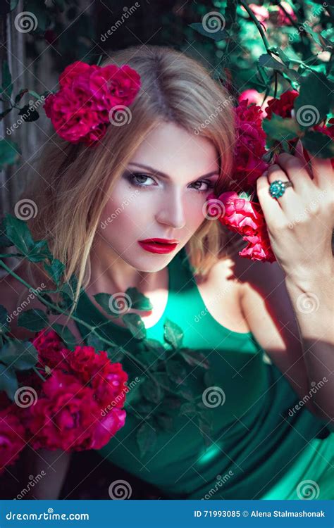 Young Woman Near Blooming Rose Bush Stock Image Image Of Floral