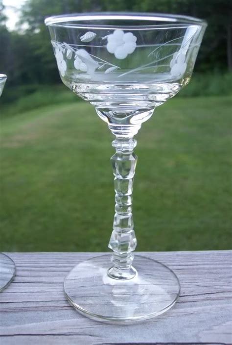 Pair Libbey 3005 Gray Cut Floral Crystal Goblets Glasses Vintage Wedding Toasts Libbey