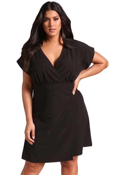 black plus size deep v surplice flared dress plus size mini dresses flare mini dress casual
