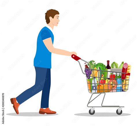 Man Pushing Supermarket Shopping Cart Full Of Groceries Isolated On