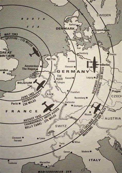 WWII Map Of Western Europe Showing Ranges Of Allied Fighters From Bases