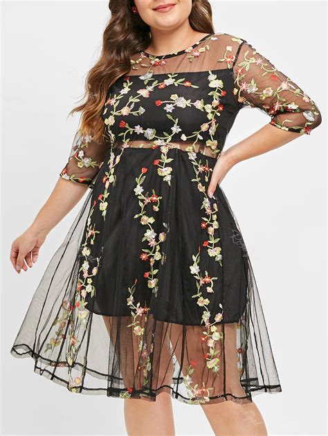36 Off Plus Size Mesh Embroidered Sheer Flare Dress Rosegal