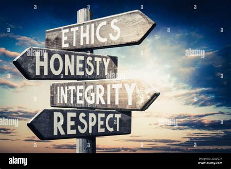 Ethics Honesty Integrity Respect Wooden Signpost Roadsign With