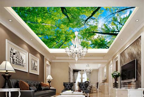 3d Green Tree D081 Ceiling Wallpaper Removable Self Adhesive Etsy