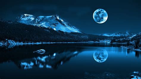 Snowy Mountain With Reflection On Body Of Water Under Full Moon 4k Hd