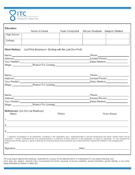 Employment Application Form For Caregiver Employment Application