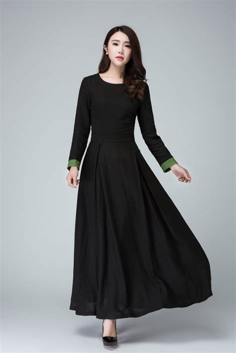Black Dress Long Sleeve Dress Prom Dress Linen Dress Maxi Etsy