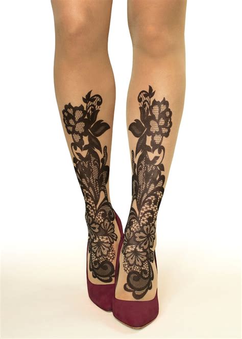 Tattoo Tights Pantyhose With Black Lace Sizes S Xl Etsy